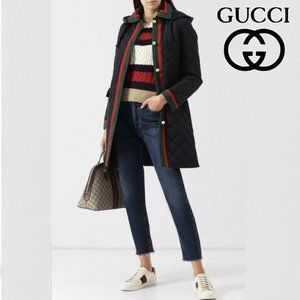 Gucci Black Quilted Pea Coat with Red and Green Accents